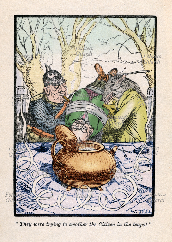 CARICATURA "They were trying to smother the Citizen in the teapot.". Il Cappellaio Matto è raffigurato come un tedesco con l\