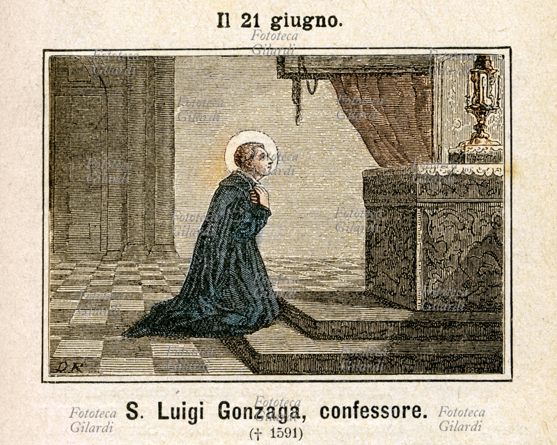 SAN LUIGI GONZAGA (9 marzo 1568 - 21 giugno 1591) religioso italiano gesuita. Chiamato ancora fanciullo alla vita religiosa, rinunciò a favore del fratello Rodolfo al marchesato cui aveva diritto con la primogenitura. Condusse quindi un vita intensamente dedita alla cura dei bisognosi e all\