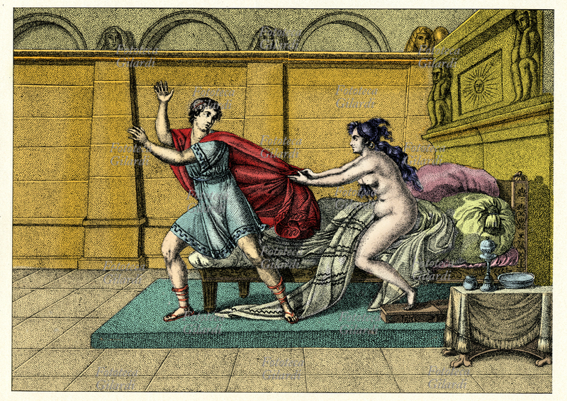 BIBBIA La moglie di Putifarre (ufficiale del faraone) tenta di sedurre Giuseppe che resiste alle esplicite avances della donna. Stampa francese di Anonimo, 1810