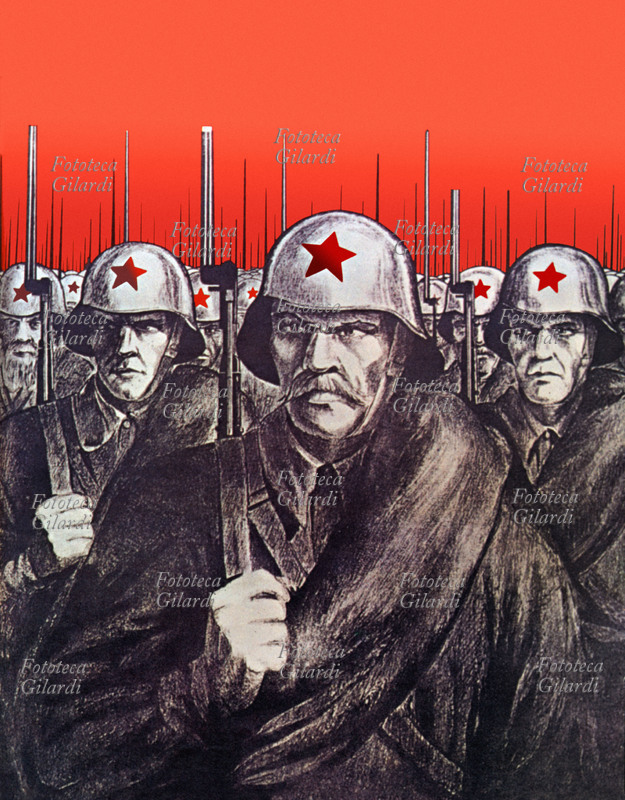WORLD WAR II: Red Army soldiers lined up against the Nazi enemy. Propaganda poster for Soviet troops, USSR 1942-1943.
