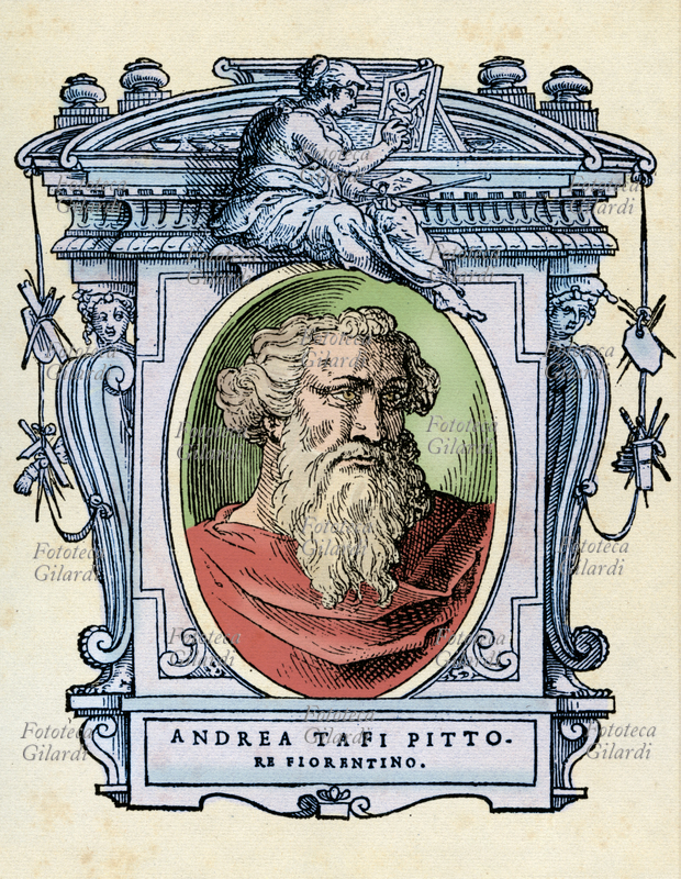 ANDREA DI RICCO (1213-1294), Andrea Tafi, according to Vasari, Italian painter, brought to Florence the art of the mosaic, which dealt with mastery of ability, to be modeled on by Giotto and Gaddo Gaddi. The portrait is enclosed in a frame decorated with caryatids holding the tools of art and an allegory of painting. Colored illustration on a 16th century xylographic basis, from the treaty \