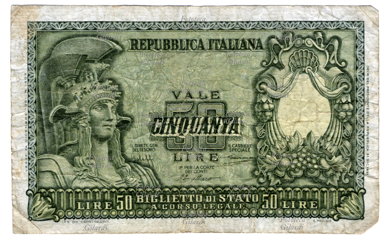 MONETA banconota da cinquanta lire - Biglietto di Stato a corso legale, decreto 31 dicembre 1951