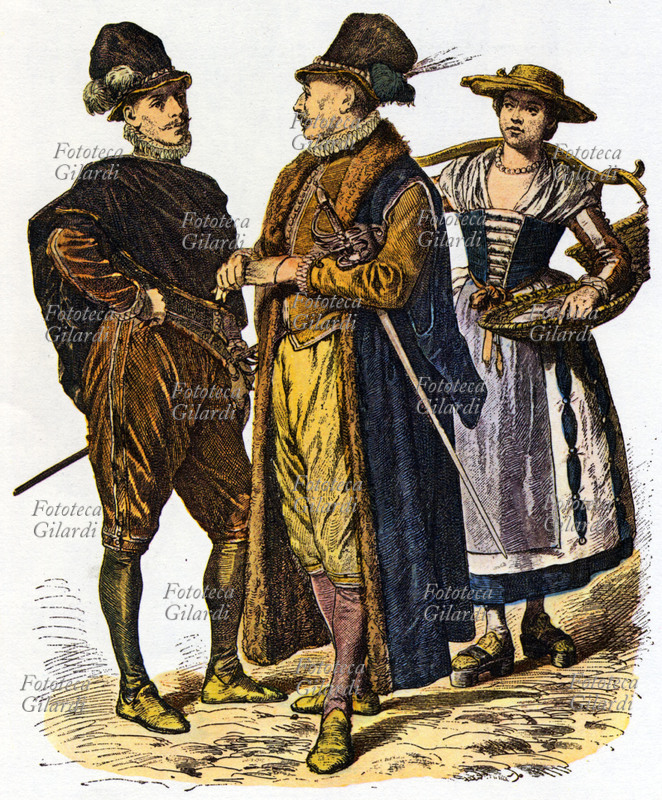 MODA Costumi di studenti di Padova e di contadina, XVI secolo. Foglio volante, disegno di C. Haeberlin, XIX sec.