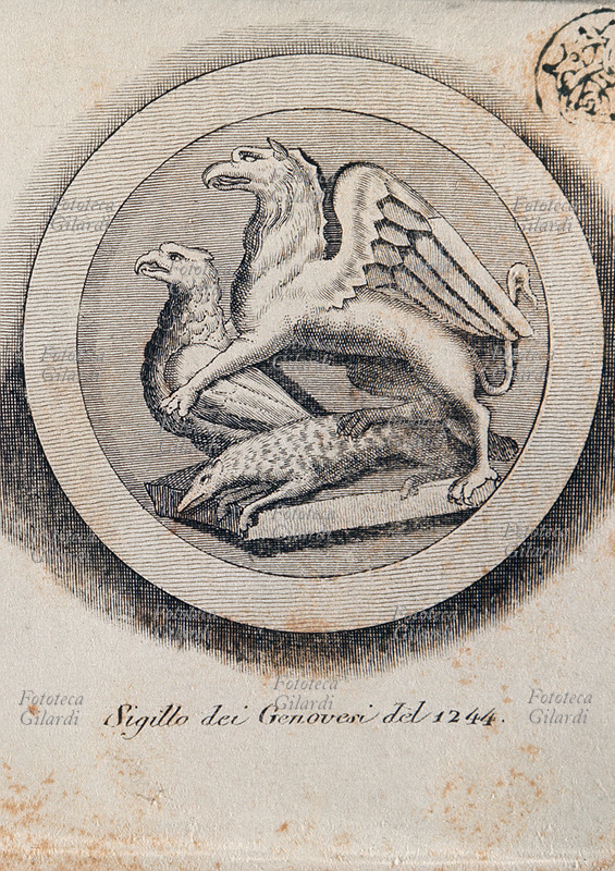 GENOVA Sigillo dei Genovesi del 1244. Incisione calcografica da trattato del XVIII secolo