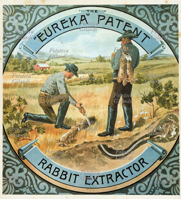 AUSTRALIA "The Eureka patent, rabbit extractor". Manifesto che pubblicizza un ingegnoso attrezzo per stanare i conigli che, a causa del sovrappopolamento della specie, recavano gravi danni ai raccolti. La battaglia contro le colonie dei conigli selvatici (che hanno provocato danni ingenti non solo all\