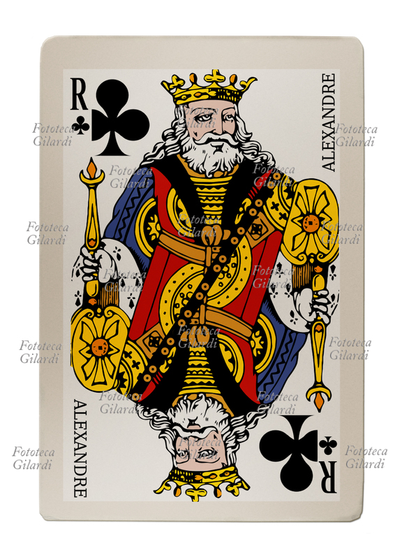 CARTA DA GIOCO Francese. Serie regionale per il gioco a 32 carte chiamato Belote, mantiene nelle figure Roi, Dame, Valet, i nomi antichi: il Re di fiori è Alexandre (Alessandro Magno); da mazzo del XX secolo.
