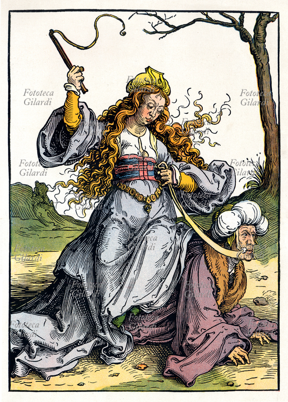 ARISTOTELE (384-322 a.C.) e Fillide rappresentano in modo esemplare il rapporto coniugale basato su masochismo-sadismo. Incisione di Lucas von Leyden, XVI secolo.