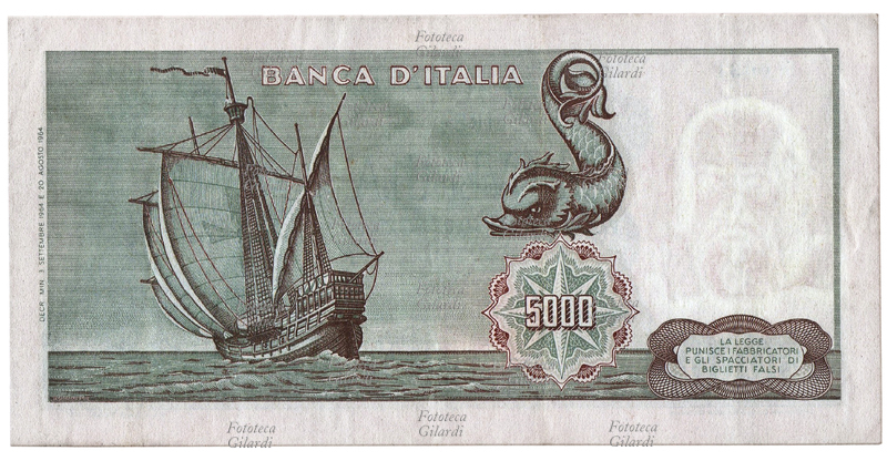 MONETE banconota da Lire cinquemila 5.000 - retro con una caravella, prima versione, in corso dal 1964 al 1971