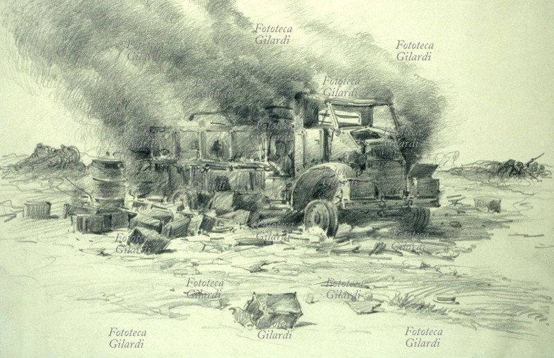 SECONDA GUERRA MONDIALE autocarro italiano in fiamme. Disegno a matita dalla raccolta personale di ricordi del pittore acquarellista e illustratore italiano Gerolamo Bartoletti (9 gennaio 1893 - 1962), intitolata \