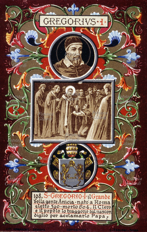 PAPA SAN GREGORIO I il Grande (540 circa - 604), della gente Anicia, nato a Roma, eletto nel 590. Il clero ed il popolo lo traggono dal nascondiglio per acclamarlo Papa. Cartolina cromolitografica n. 198 dalla \