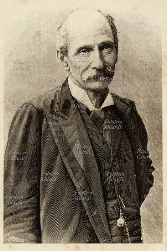 Giuseppe ZANARDELLI (1826-1903) uomo politico e giurista ministro della Giustizia legò il suo nome al Codice Penale del 1889 che rimase in vigore fino al 1930. Fu Presidente del Consiglio dal 1901 al 1903. Incisione da ritratto fotografico 1901 circa