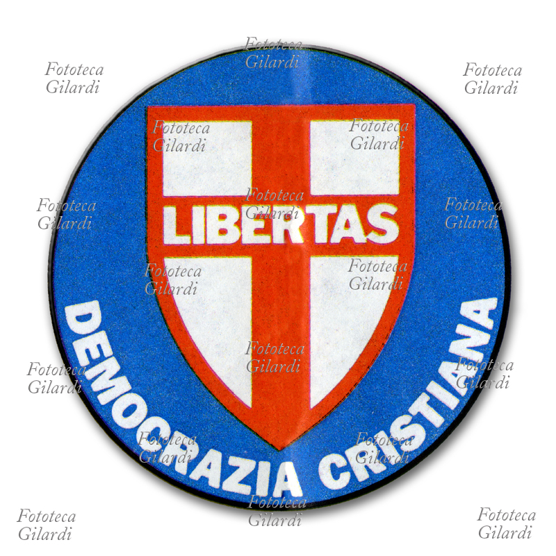 SIMBOLO ELETTORALE del partito della Democrazia Cristiana, come si presentava per le elezioni politiche che hanno convenzionalmente segnato il passaggio dalla Prima alla Seconda Repubblica. Italia, 1992.