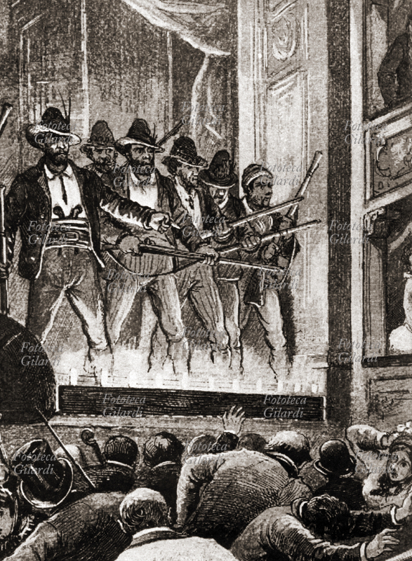 IL PASSATORE (1824-1851) ovvero Stefano Pelloni, irrompe con la sua banda sul palcoscenico del Teatro di Forlimpopoli durante uno spettacolo di gala perpetrando una delle rapine divenute più famose della sua carriera. 25 Gennaio 1851. Stampa ottocentesca