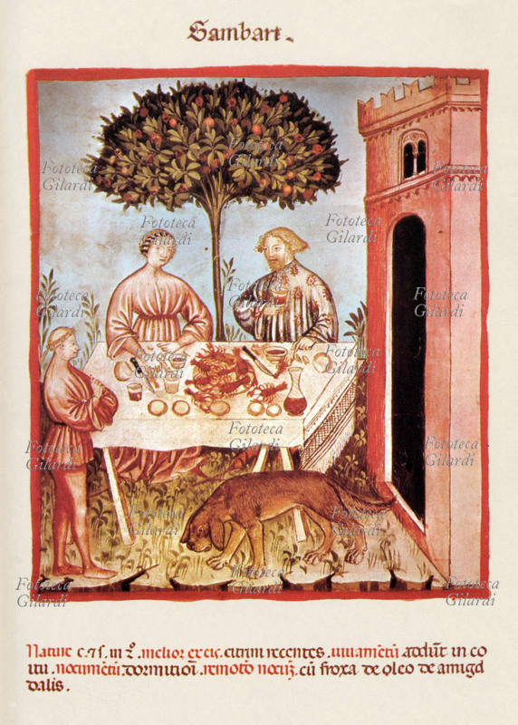 CUCINA Pranzo a base di gamberoni e buon vino. Una dama ed un cavaliere banchettano all\