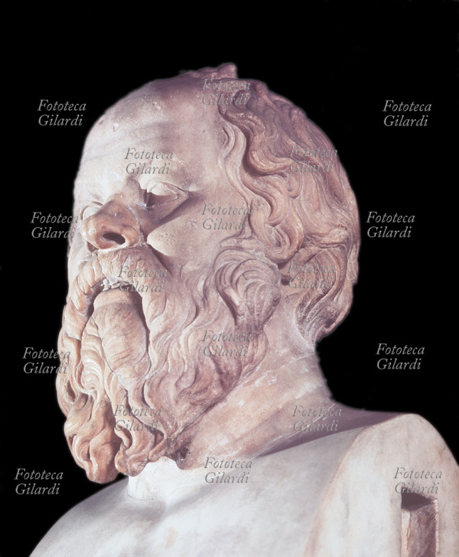 SOCRATE (469 a.C. - 399 a.C.), filosofo greco, busto marmoreo visto di tre quarti. IV secolo a.C.