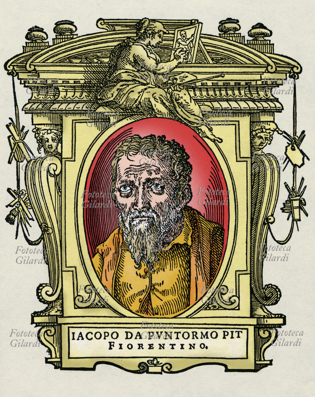 PONTORMO (24 maggio 1494 – inizio 1557), soprannome con il quale è noto Jacopo Carucci (o Carrucci) da Pontormo, pittore, il più grande rappresentante del primo manierismo fiorentino. Il ritratto è racchiuso in una cornice decorata con figure allegoriche e strumenti delle arti. Illustrazione colorizzata su base xilografica del XVI secolo, dal trattato \