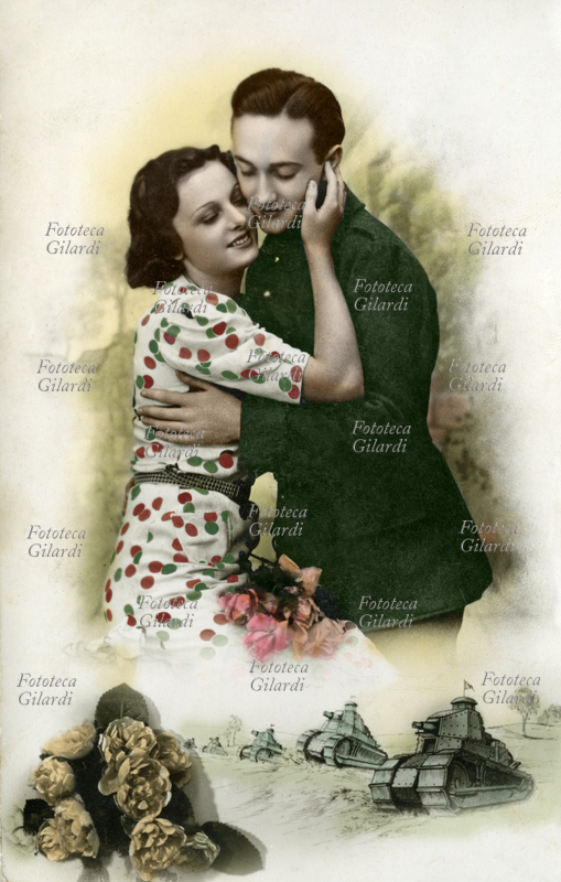 WORLD WAR II Young soldier departing for war greets his girlfriend, both smile and do not seem prepoccupati from withdrawal, watching a column of tanks parading (drawing) under them. Composition in mixed technique, photomontage with inserted drawing, Italy 1940