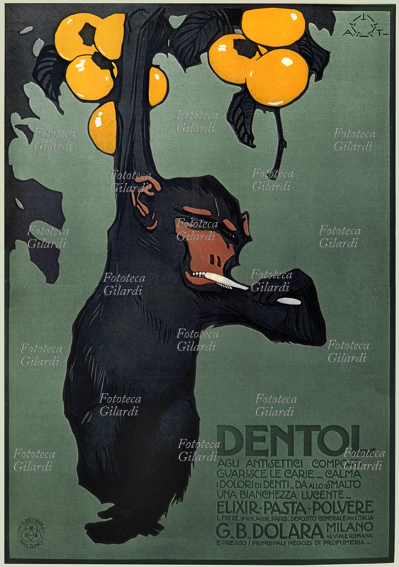 MANIFESTO Una scimmietta si dondola da un albero dai frutti gialli mentre si spazzola i denti. Grafica di Aleardo Terzi per il dentifricio \