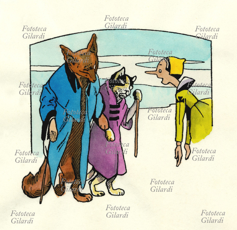 PINOCCHIO (1883) Il Gatto e la Volpe, coppia di imbroglioni incalliti, incontrano lo sprovveduto Pinocchio. Disegno di Attilio Mussino (25 gennaio 1878 – 16 luglio 1954) per la più famosa edizione illustrata della favola di Carlo Collodi (Carlo Lorenzini, 24 novembre 1826 – 26 ottobre 1890) \