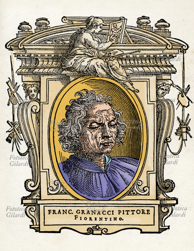 Francesco GRANACCI (1469 - 30 novembre 1543) pittore italiano del primo periodo del manierismo fiorentino. Il ritratto in ovale è racchiuso in una cornice decorata con figure allegoriche e strumenti delle arti. Illustrazione colorizzata su base xilografica del XVI secolo, dal trattato \