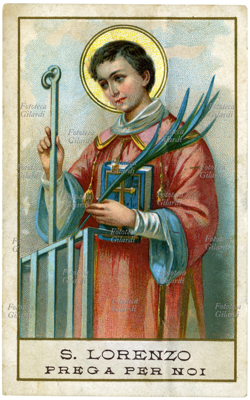 SAN LORENZO Martire (225 – 10 agosto 258). Raffigurazione classica con in mano la palma del martirio, il libro Sacro e la graticola su cui fu bruciato vivo. Immaginetta cromolitografica, Italia 1900