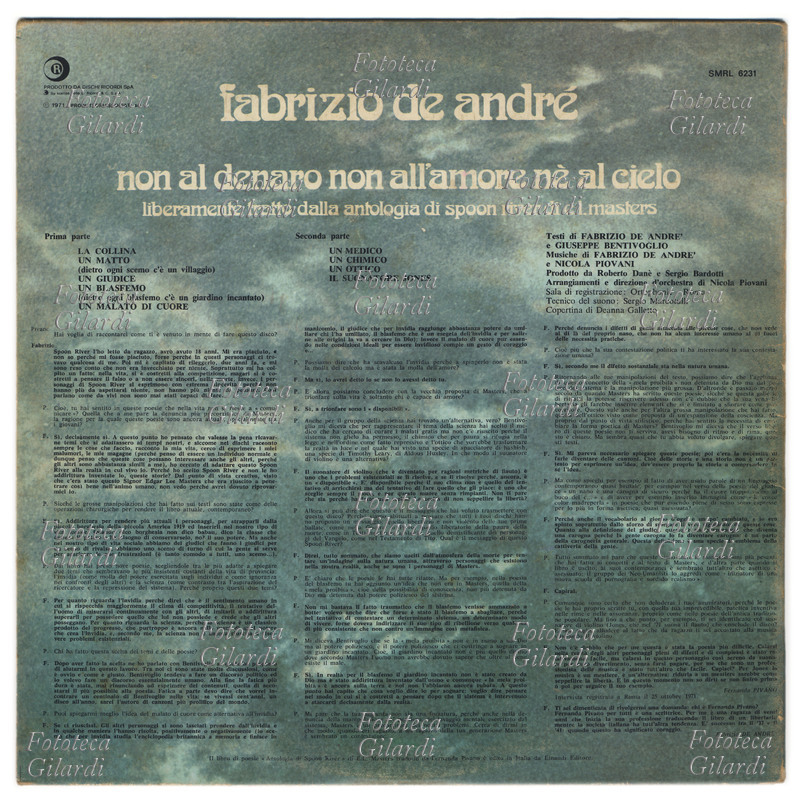 Fabrizio DE ANDRÉ (1940-1999) Interessante intervista/dialogo tra Fernanda Pivano e Fabrizio De André, stampata sul retro copertina del disco LP \