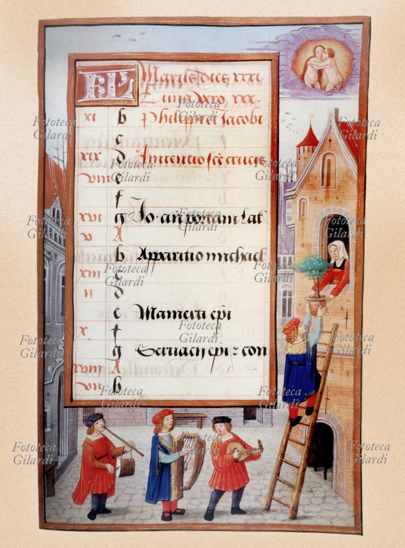 CALENDARIO giuliano Maggio. In alto a destra raffigurazione del segno zodiacale dei Gemelli. In basso scena di corteggiamento con serenata: è la stagione dell\