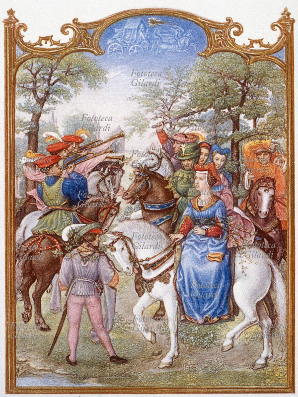 MAGGIO La scampagnata, dame e cavalieri passeggiano a cavallo. Miniatura dal Breviario Grimani, XV secolo. Eliotipia 1910 circa