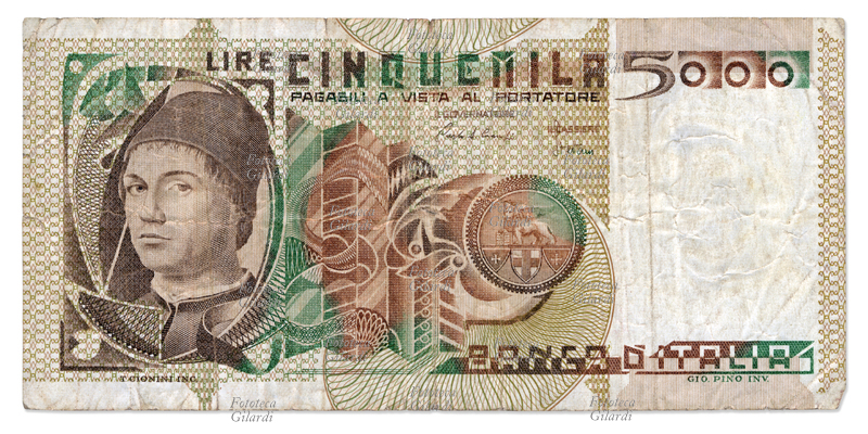 MONETE - Dritto della banconota da Lire cinquemila 5000 - decorata con presunto autoritratto di Antonello da Messina emissione Repubblica Italiana 1979 -1983