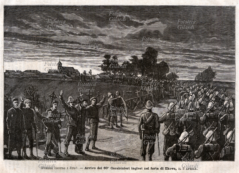 AFRICA Guerra Anglo Zulu in Sud Africa. Arrivo del 60° battaglione Fucilieri inglesi (erroneamente qui definiti Carabinieri) nel forte di Ekova, 3 aprile 1879 - Incisione da \