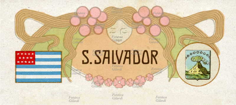 BANDIERA e stemma storici di El Salvador e della capitale San Salvador inseriti nella testata in stile floreale di una pagina di atlante illustrato promozionale Fernet Branca. Nello scudo, il vulcano Izalco in eruzione mentre sorge dalle acque, con il sole e nove stelle. Cromolitografia, Milano, primi anni del 1900