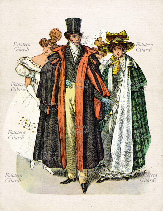 GERMANY: Elegant gentlemen of high society, early 19th century. Print from the collection of illustrated plates "For the History of Clothing," published individually from 1861 to 1890 in the "Münchener Bilderbogen" by Braun & Schneider of Munich, later collected in a volume. Germany, 19th century.