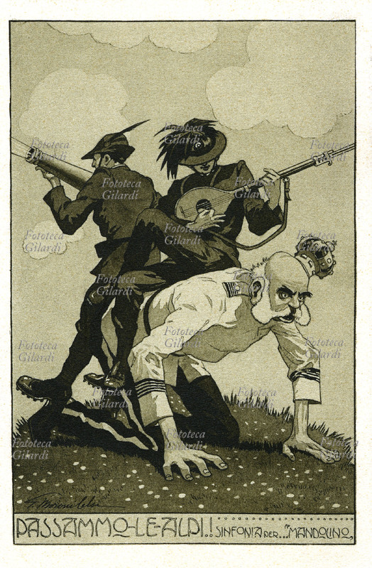FRANCIS JOSEPH of Habsburg-Lorraine (18 August 1830 – 21 November 1916), Emperor of Austria and King of Hungary. Caricature depicting the sovereign kneeling on all fours with two Italian soldiers riding him: one Alpine soldier leans on him to fire a mortar while the other, a rifleman, holds a strange mandolin... with a bayonet. Satirical cartoon by Guido Moroni Celsi (1885 – 1962), Italy, circa 1914.