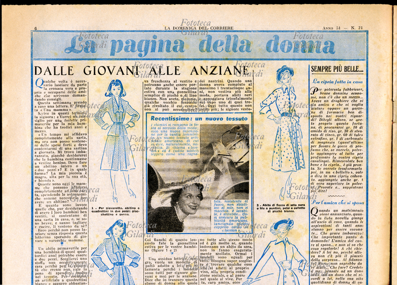 ECONOMIA DOMESTICA "La pagina della Donna", rubrica de La Domenica del Corriere; i titoli: "Dalle giovani alle anziane", "Recentissime: un nuovo tessuto", "La cipria fatta in casa". Milano, 1949