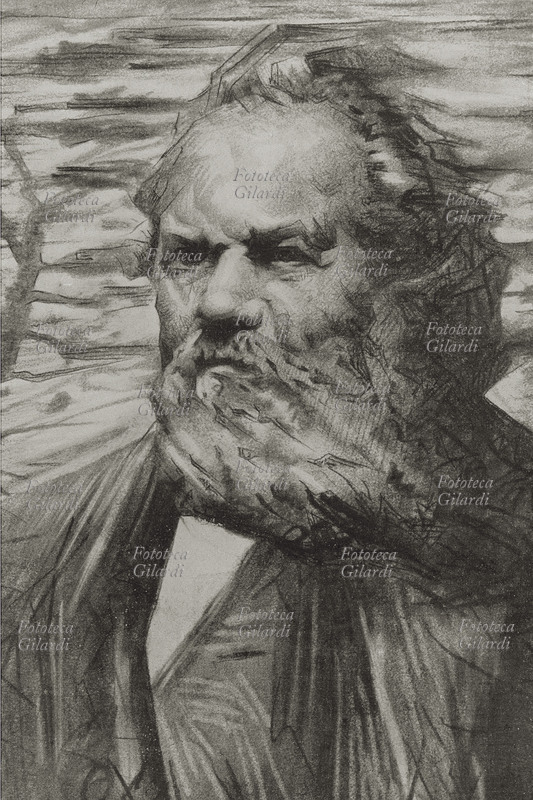 Giosuè CARDUCCI (27 luglio 1835 – 16 febbraio 1907), poeta, scrittore e critico letterario italiano ritratto in un disegno di Giuseppe Amisani (7 dicembre 1881 – 8 settembre 1941). Italia, XX secolo.