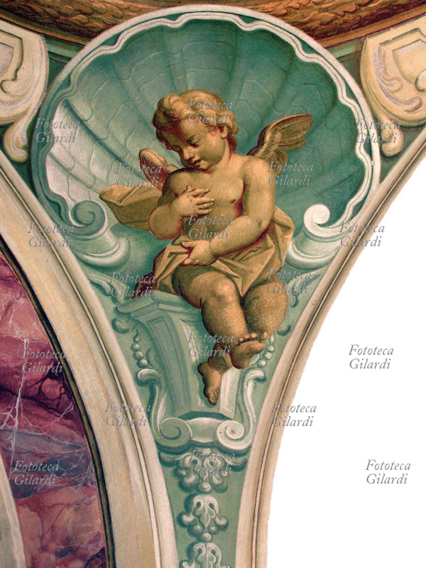 ANGELO Angioletto, putto sat inside a shell. I fresco trompe the oeil in the dome of a cappelletta votiva to Craveggia, (Verbania) Valle Vigezzo, beginning of XIX the century