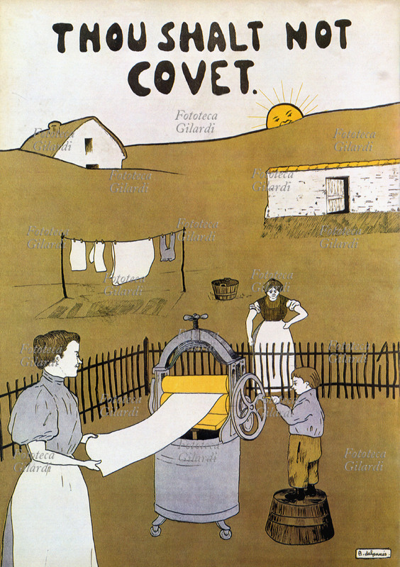 INVENZIONE per casalinghe: la lavatrice. Manifesto pubblicitario illustrante una delle prime macchine per lavare e strizzare la biancheria, \