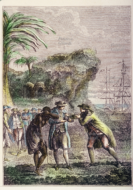SCHIAVISMO La tratta dei neri da parte dei francesi nelle colonie della Louisiana nel XVIII secolo. Incisione da trattato di storia, 1873.