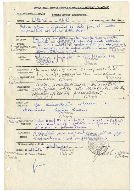 PAGELLA scolastica della I classe Scuola Media Statale, anno scolastico - allegato con i giudizi analitici del secondo quadrimestre, anno scolastico 1972-1973 ( i voti sono stati sostituiti da giudizio analitico come da disposizione Ministero P.I. ) - Ministero della Pubblica Istruzione, Direzione generale dell\