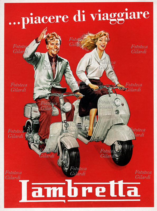 PUBBLICITÀ "...piacere di viaggiare - Lambretta" locandina raffigurante una coppia sorridente in sella ognuno al proprio motoscooter: a carrozzeria scoperta per lui, carenata per lei. Italia 1950 circa