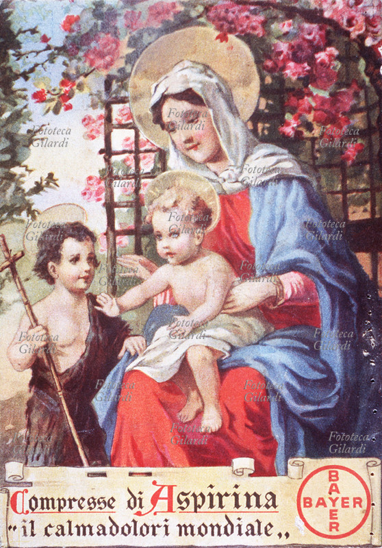 PHARMACY publicity of Aspirina “the calmadolori world-wide”. With some presumption they are represented Madonna with Jesus Child and Saint Giovannino, debatable the advertising reference more sacred “calmadolori”. Italy, 1932