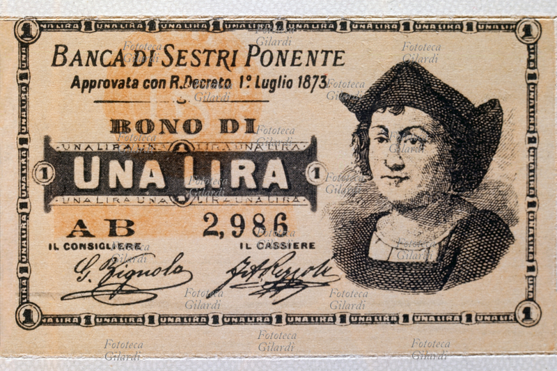 MONETE Bono di una Lira - banconota emessa dalla Banca di Sestri Ponente approvata con decreto del 1 luglio 1873 banconote emesse a corso forzoso e previo accordo con il Regno d\