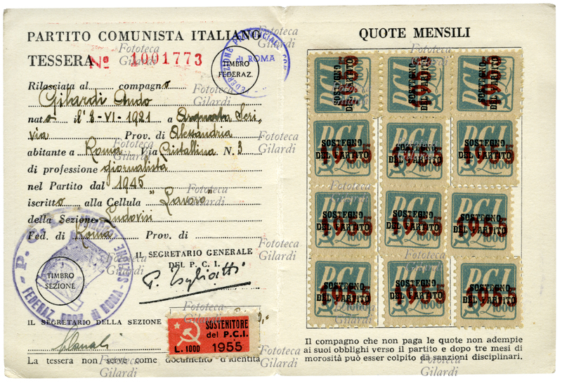 The PCI card of the Italian Communist Party in 1955: inside of the card "supporter of PCI" N ° 1,001,773 owned by Ando Gilardi, with a signature stamp of Palmiro Togliatti. On the right the record for the application of stamps to the corresponding monthly dues of the value of L. 1000. At the bottom of the warning: "The fellow who does not pay the fees is not fulfilling its obligations towards the party, and after three months of non-payment can be subject to a disciplinary sanctions ". Italy, 1955