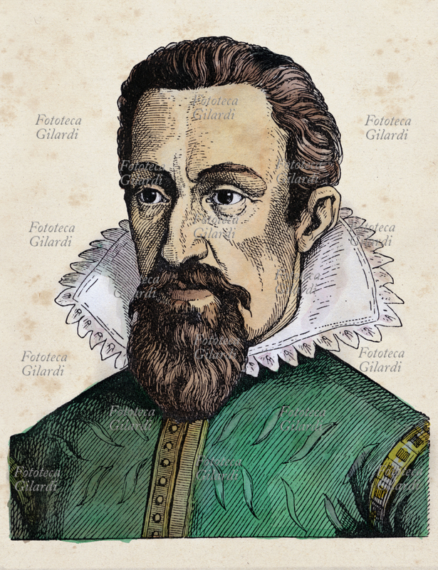 Johannes KEPLERO (1571-1630), German astronomer, mathematician, musician and evangelical theologian, empirically discovered the homonymous laws governing the movement of the planets. Portrait in an 18th century watercolor print.