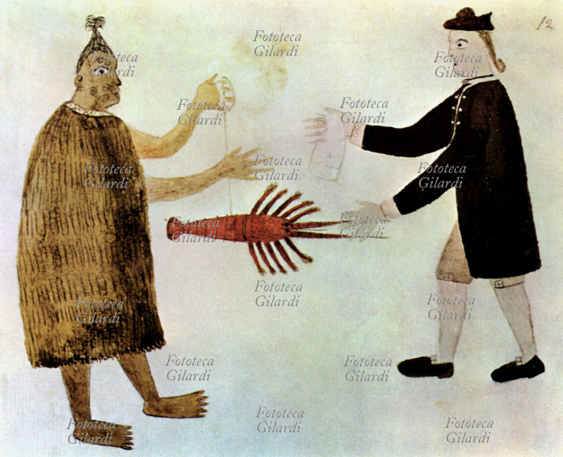 COMMERCIO indigeno Maori compra un pezzo di stoffa da un membro dell\
