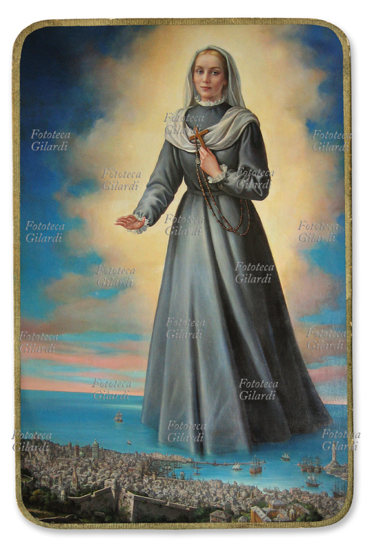 Virginia CENTURIONE BRACELLI (2 aprile 1587 – 15 dicembre 1651), fondatrice delle congregazioni religiose: delle Suore di Nostra Signora del Rifugio in Monte Calvario (dette Brignoline) di Genova, e delle Figlie di Nostra Signora al Monte Calvario, di Roma. Nel dipinto di Corrado Mazzari (20 gennaio 1922 – 8 settembre 2006) realizzato per la beatificazione avvenuta nel 1985, la religiosa appare benedicente nel mare di Genova, quasi a proteggerne il porto nel quale si individua chiaramente la Lanterna. Nel 2003 fu canonizzata santa da Papa Giovanni Paolo II. Immagine devozionale, Italia, 1985.