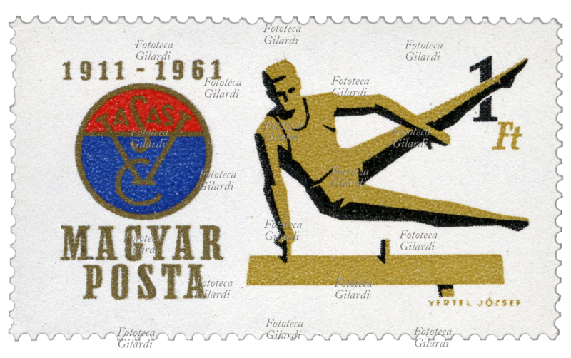 GINNASTICA ARTISTICA Francobollo della serie "50° anniversario del Vasas Sport Club" emessa dalle poste magiare. Nella vignetta lo stemma del "Club sportivo dei lavoratori del ferro e dei metalli" fondato il 16 marzo 1911, e un ginnasta al cavallo. Disegno di József Vertel (2 gennaio 1922 - 5 agosto 1993), valore nominale 1 forint, fotoincisione. Ungheria, emissione 8 luglio 1961