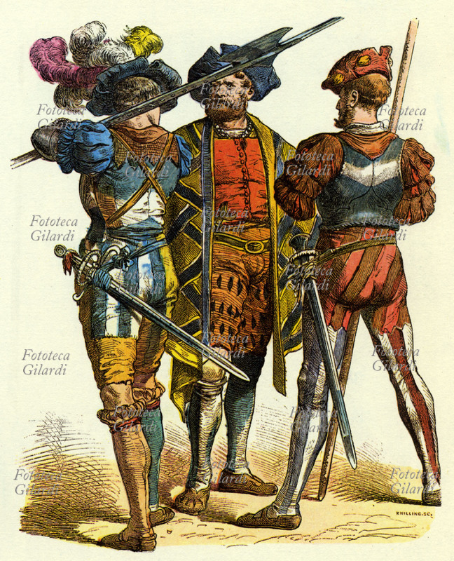 LANZICHENECCHI, three 16th-century German mercenary soldiers. Print from the collection of illustrated plates "Per la Storia dell\