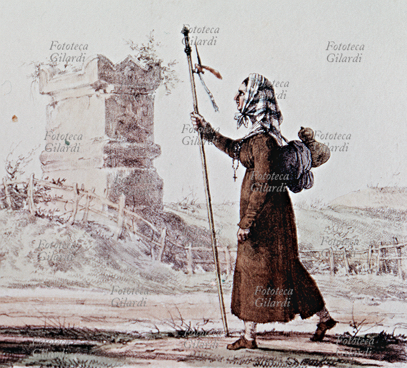 COSTUMI ROMANI Pellegrina alle porte di Roma. Litografia a colori su disegno di Antoine-Jean-Baptiste Thomas (1791 – 1833) incisa da Jean-François Villain (1790 - 1852), Francia XIX secolo.