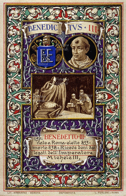 PAPA BENEDETTO III (? - 858), nato a Roma, eletto nel 855. Riceve doni dai legati dell\